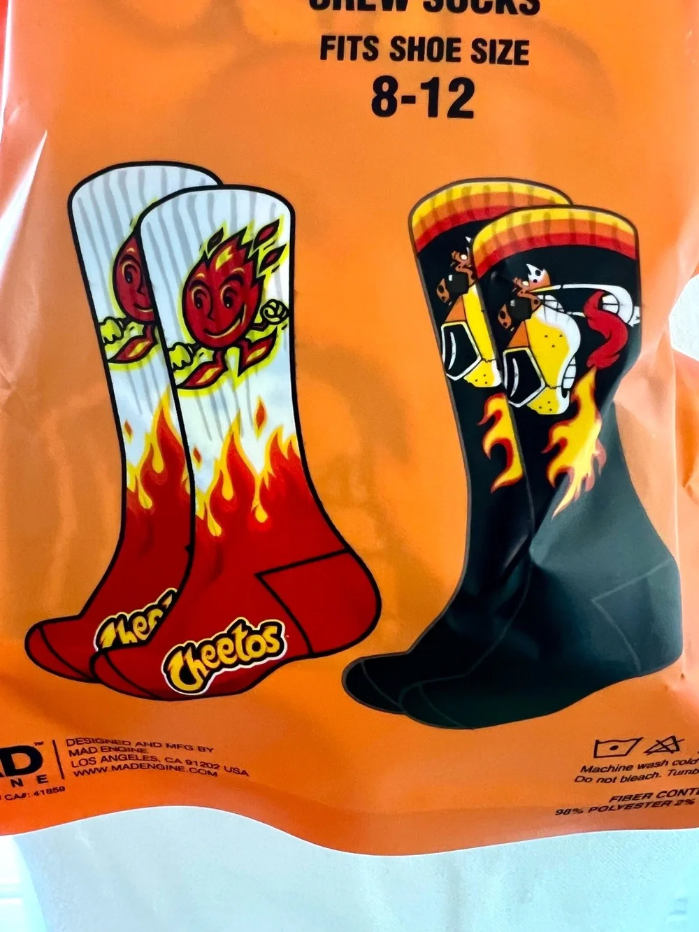 Cheetos Flamin’ Hot Crunchy Crew Socks 2 Pair Unisex Size 8 to 12 New In Package